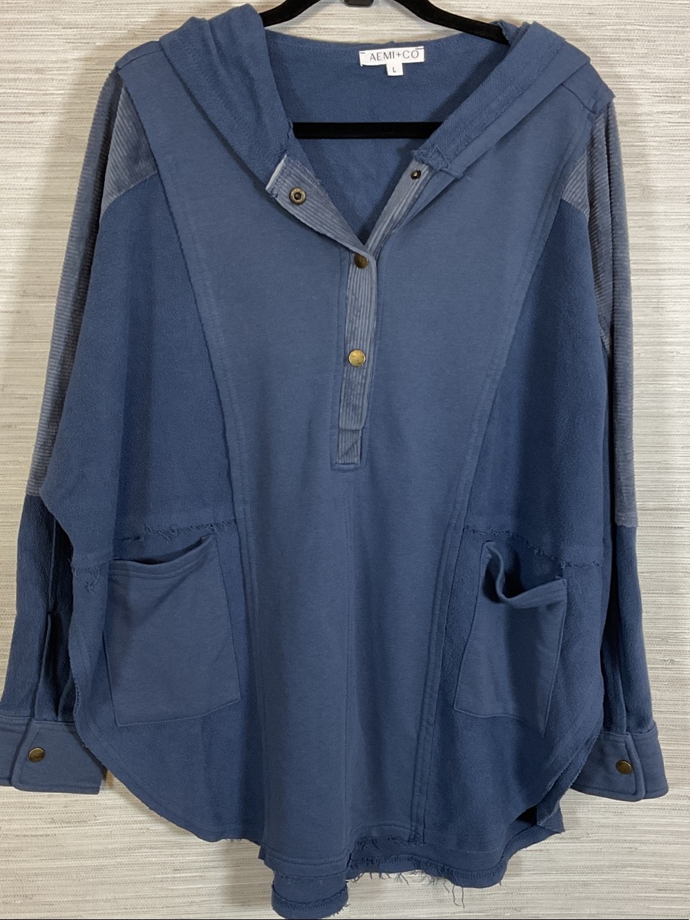 AEMI+CO Dusty Blue Oversized Hooded Mixed Media Raw Edge Curved Hem Pullover Lg